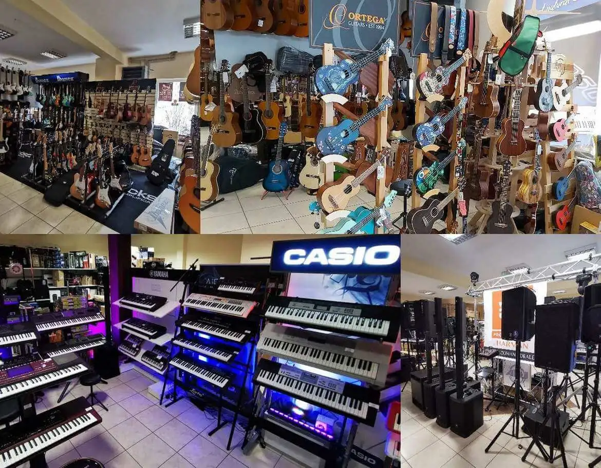 Zdjęcia pokazujące instrumenty muzyczne i nagłośnienie w stacjonarnym sklepie muzycznym ABIX w Olkuszu